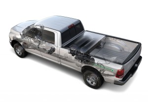This cutaway shows the Ram's engine and CNG fuel system, complete with tanks behind the Crew Cab, in the bed.