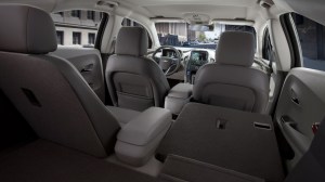Rear seats fold down to increase cargo space in the hatchback Volt.