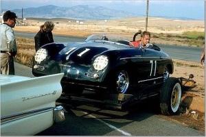 Steve McQueen backs his Speedster off a trailer. Imagine what sort of rig a celebrity would have these days!