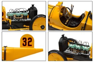 Detail here includes the Marmon's massive 6-cylinder engine, with sparkplugs and wires, a detailed seat and steering wheel and the conical tail with number placard standing on the Wasp's stinger!