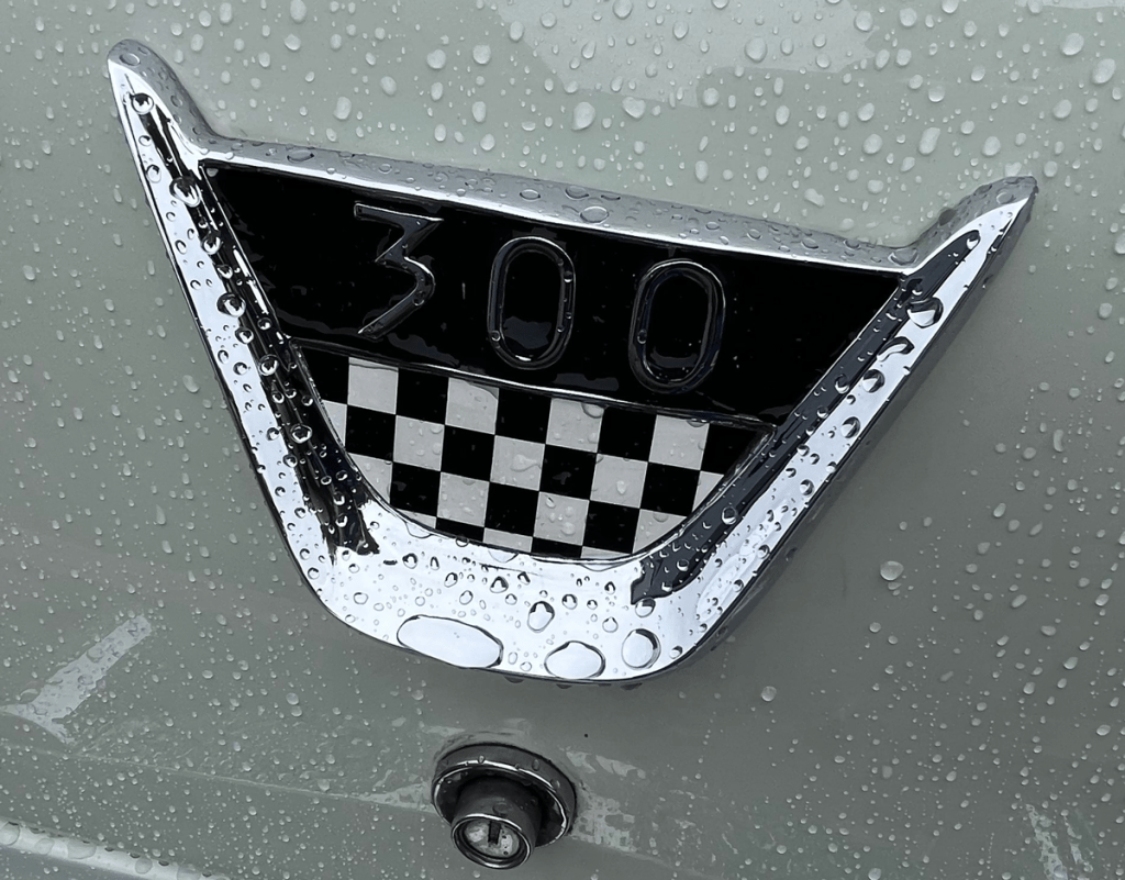 Close-up of the Chrysler 300 emblem with a checkerboard design and raindrops on the surface.