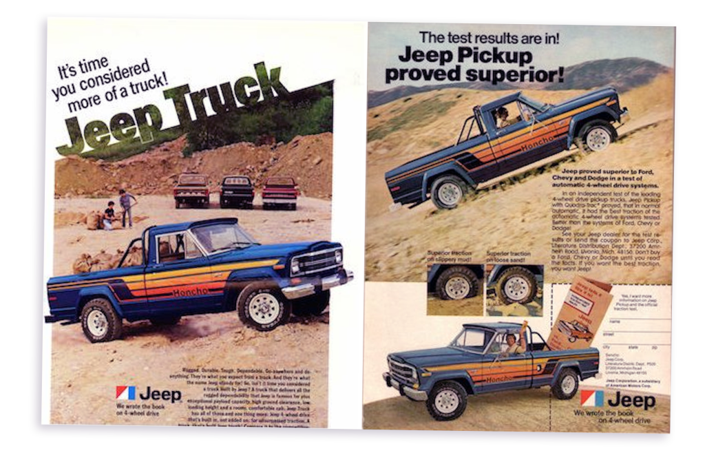An advertisement for the Jeep J-10 Honcho pickup truck featuring a blue exterior with orange and black stripes, showcasing its rugged design. The image includes two versions of the truck in a dirt setting, highlighting its off-road capabilities and a text banner promoting its superior performance.