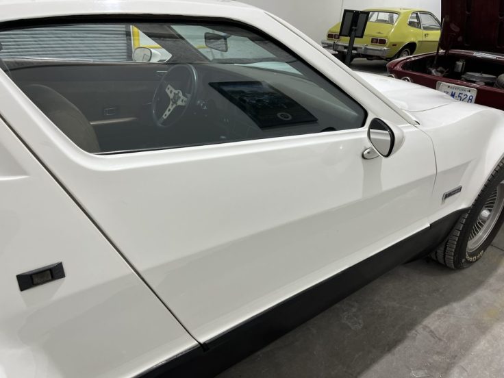 Side view of a 1975 Bricklin SV-1 sports car, showcasing its Safety White acrylic body panel and black plastic lower bodywork.