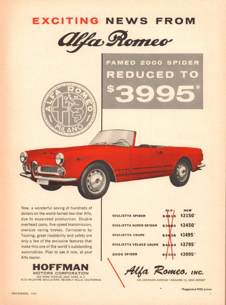 Vintage advertisement for the Alfa Romeo 2000 Spider, featuring a red convertible and pricing details from December 1961.