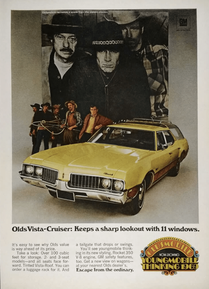 Vintage advertisement for the Oldsmobile Vista-Cruiser featuring a yellow car and a group of actors, evoking classic movie themes.