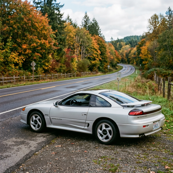 Silver Dodge Stealth sports car parked next to a rural road with fall foliage