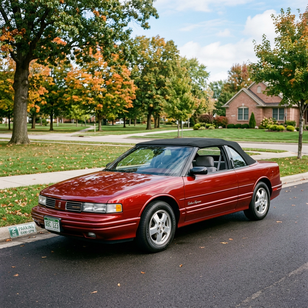 Red Cadillac Allanté convertible with black soft top parked on street