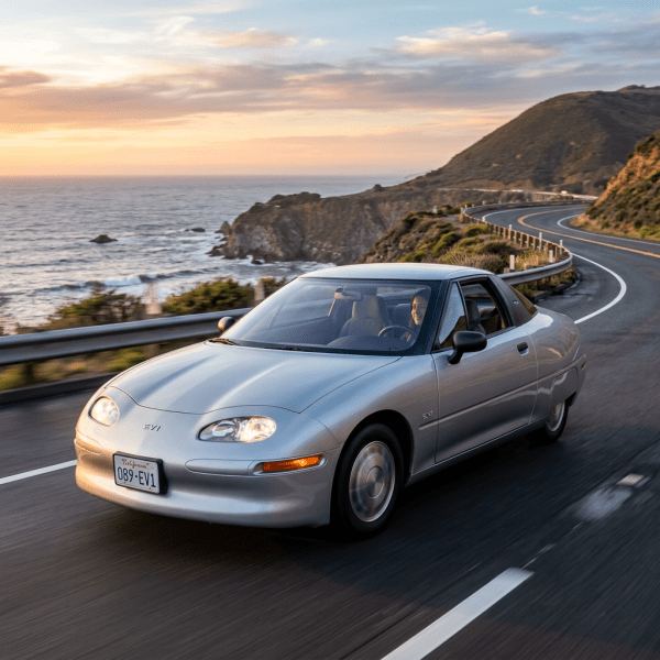 Silver electric car driving on winding coastal road near ocean at sunset