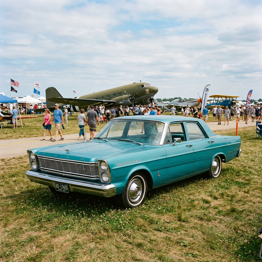Turquoise 1965 Ford Galaxie 500 parked on grass at airshow with historic military planes and people around
