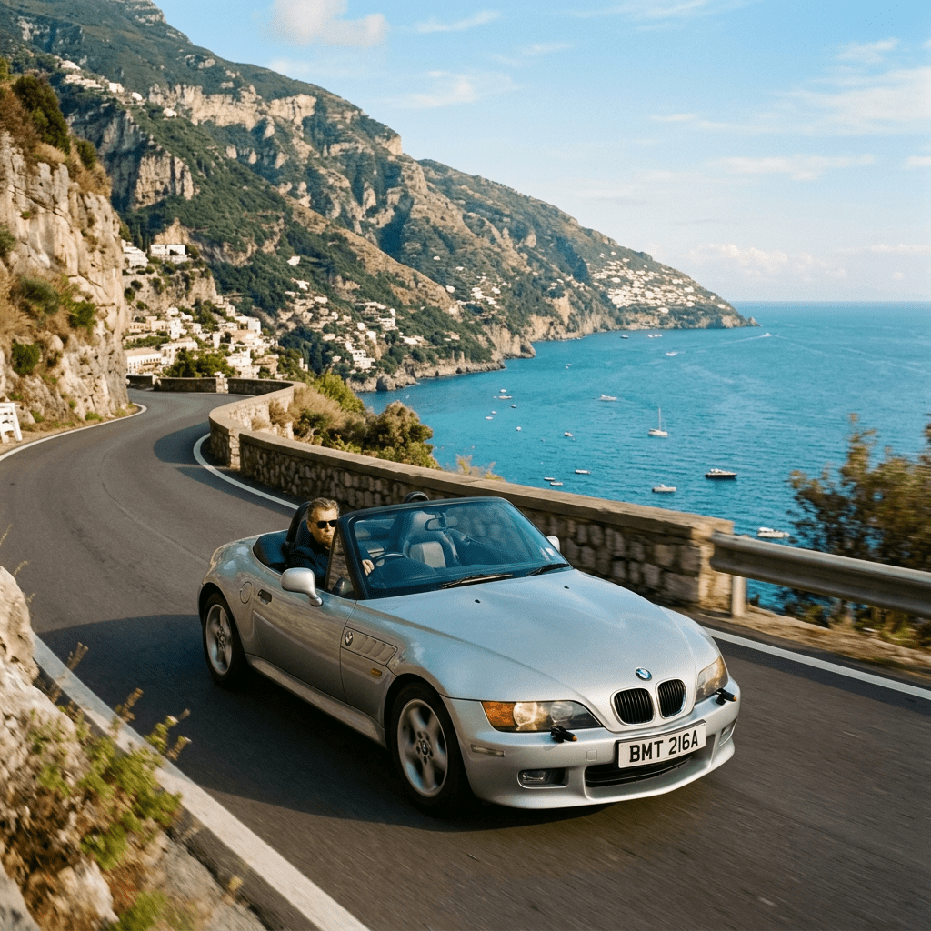 Silver convertible driving along a cliffside road above a turquoise sea
