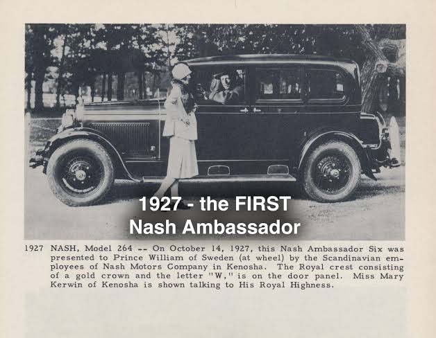 A historical image of the 1927 Nash Ambassador Six, showcasing the car and Miss Mary Kerwin talking to Prince William of Sweden, with a description highlighting its significance.