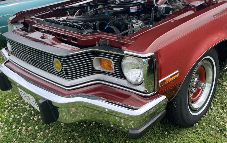 Front view of 74 Matador 4-door model with a partially open hood, showcasing the engine compartment. The car features chrome details and whitewall tires, positioned on grassy ground.