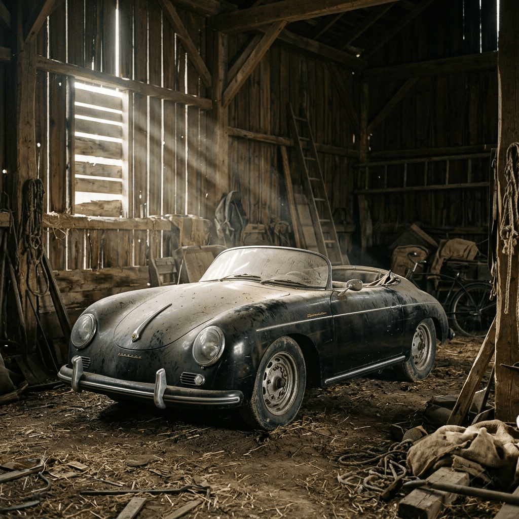 Weathered vintage convertible roadster inside a rustic wooden barn