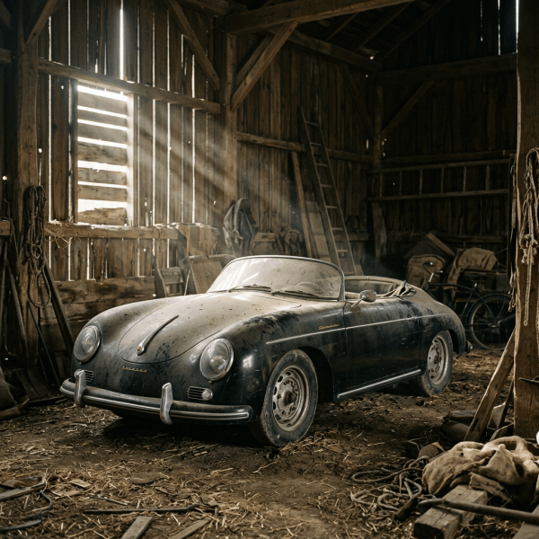Weathered vintage convertible roadster inside a rustic wooden barn