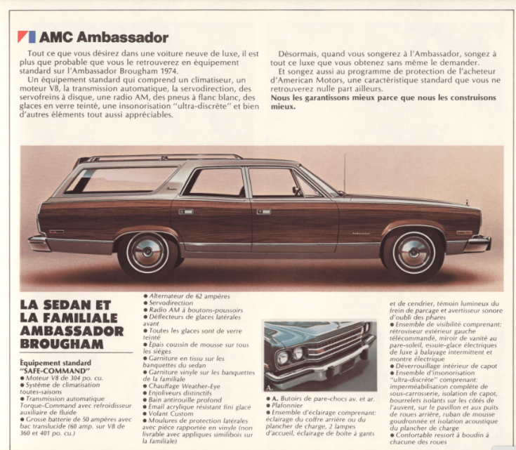1974 AMC Ambassador Brougham advertisement featuring a side view of the car, highlighting its wood paneling and design details in French.